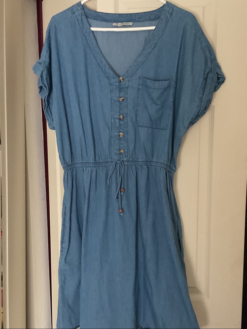 V-Neck Drawstring Chambray Midi Dress - Blue